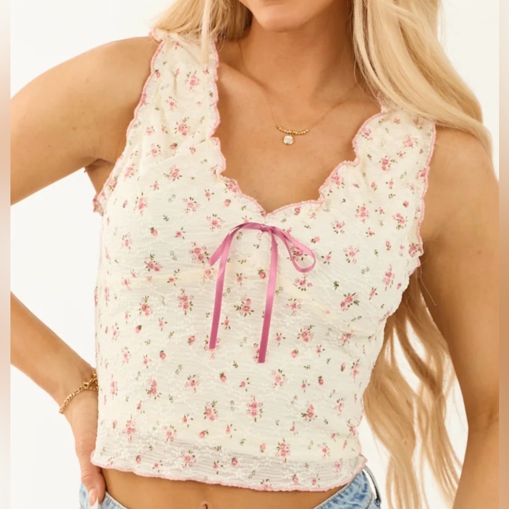 Ivory Floral Ruffle Coquette Bow Tank Top (M) Summer